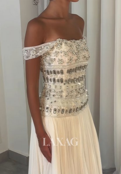 Bateau-Neck Sleeveless Rhinestone Beaded Party Gowns Floor-Length Chiffon Pleated A-Line Prom Dress
