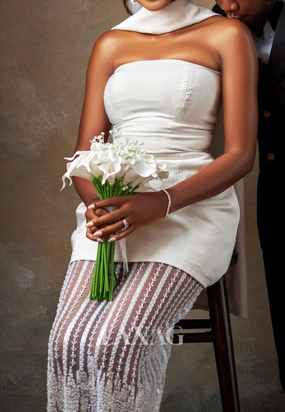 Tube Top Sleeveless Beaded Satin&Tulle Pleated Ankle-Length Fitted Wedding Dress