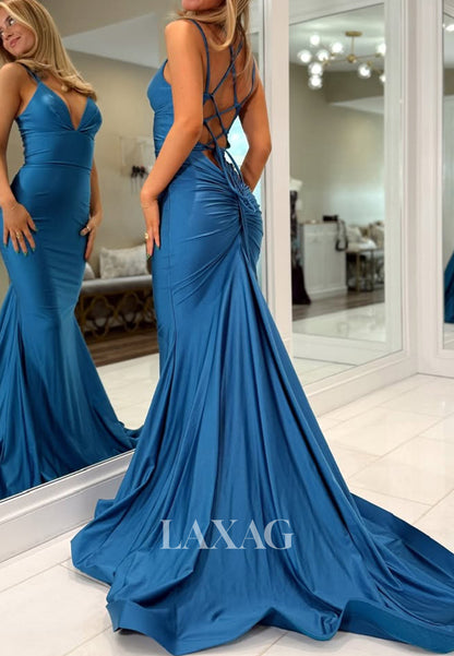 Deep V-Neck Spaghetti Straps Formal Gowns Sleeveless Plearted Satin Mermaid Prom Dress