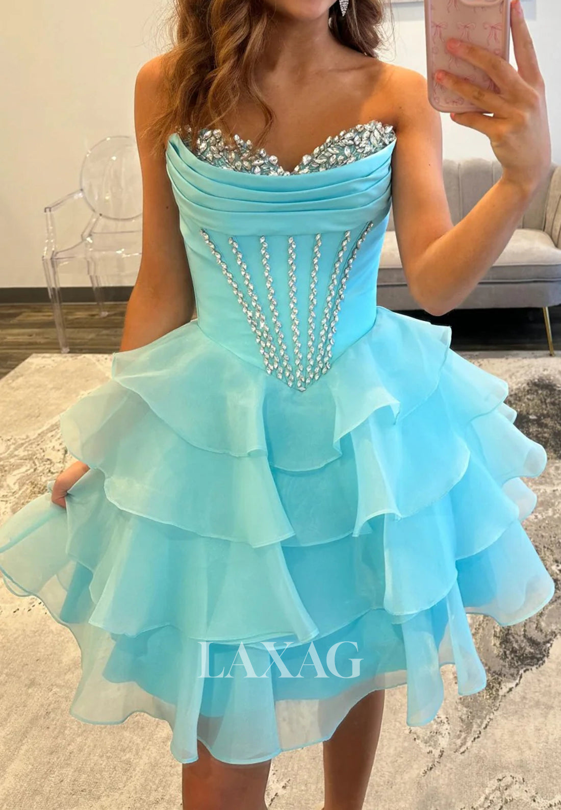 Beaded Sweetheart Off-Shoulder Pleated Chiffon Tiered A-Line Party Homecoming Dress