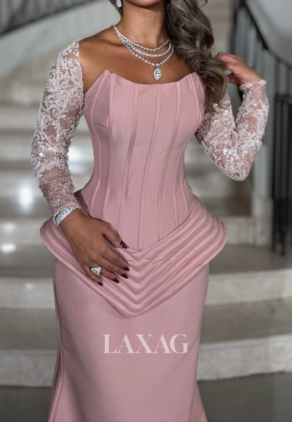 Bateau-Neck Long-Sleeves Satin Mermaid Evening Dress Beaded Sequined Applique Formal Gowns