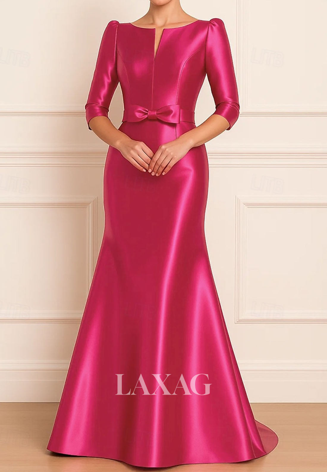Scoop-Neck 3/4-Sleeves Floor-Length Satin Trumpet Mermaid Evening Dress with Bow