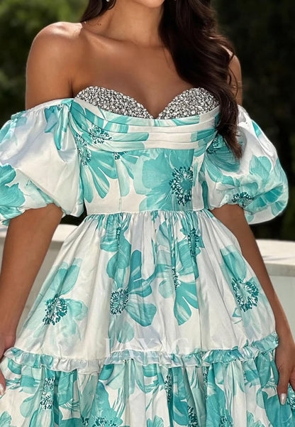 Sweetheart Puff-Sleeves Beaded A-Line Party Prom Dress Off-Shoulder Pleated Print-Satin Formal Gowns