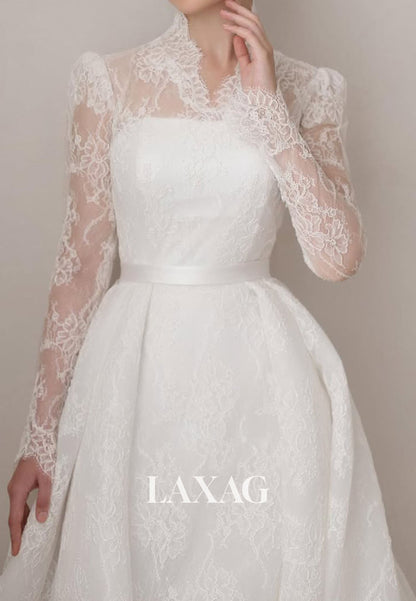 A-Line High V-Neck Long-Sleeves Allover Lace Pleated Sheer Sweep Train Wedding Dress