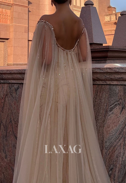 Bateau-Neck Off-Shoulder Fully Sequined Beaded Floor-Length Mermaid Formal Evening Dress