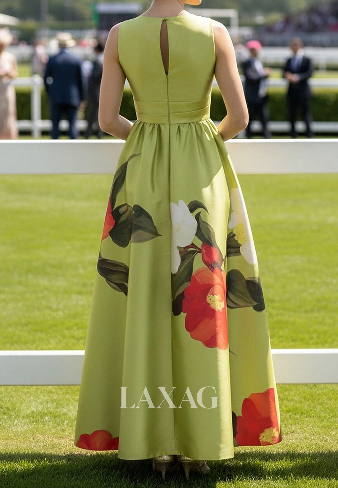 Deep V-Neck Sleeveless Print-Satin Pleated Floor-Length A-Line Mother of the Bride Dress