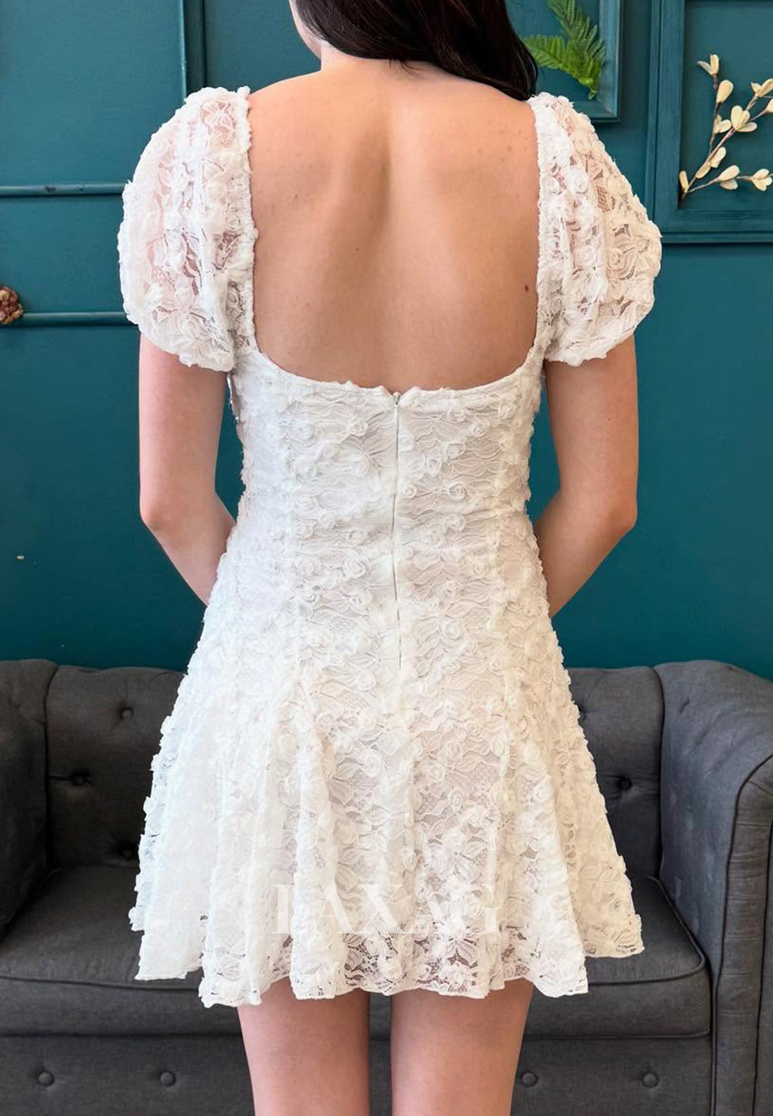 Scoop-Neck Cap-Sleeves Floral Embellished Allover Lace Pleated A-Line Homecoming Dress