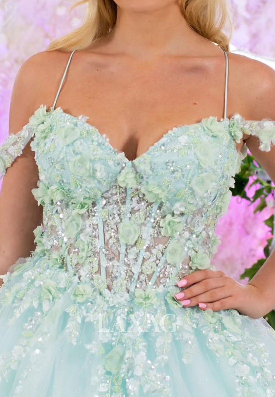 Sweetheart Spaghetti Straps Tulle Pleated Party Gowns Floral Embellished Sequined A-Line Prom Dress