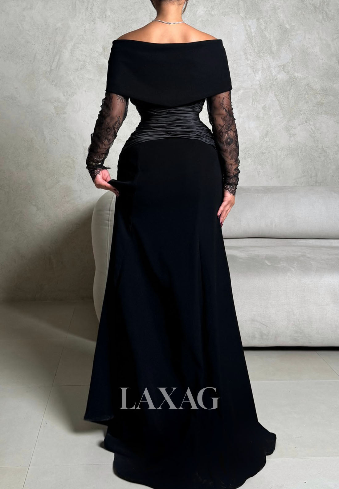Bateau-Neck Long-Lace-Sleeves Floor-Length Pleated Satin Mermaid Evening Dress with Train