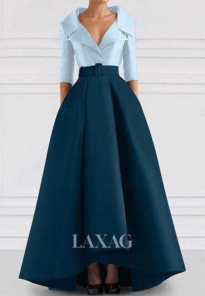 V-Neck Collared 3/4-Sleeves A-Line Evening Dress Two Tone Satin Floor-Length Formal Gowns