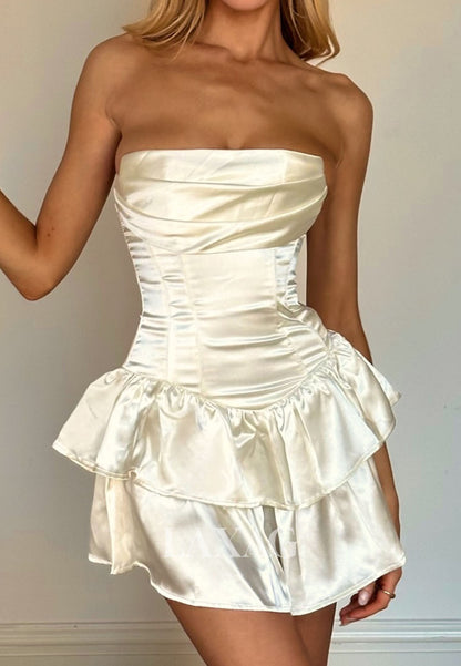 Tube Top Off-Shoulder Sleeveless Pleated Satin Tiered Simple A-Line Party Homecoming Dress