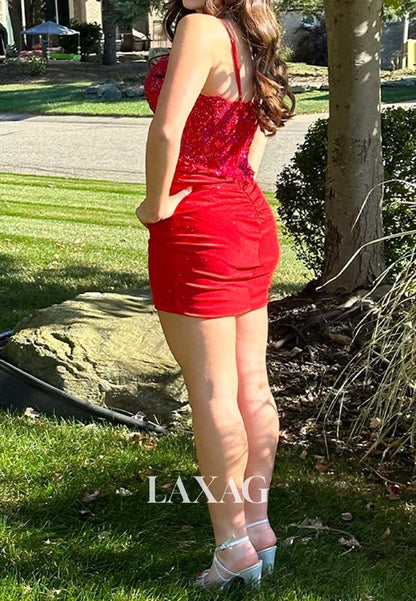 Scoop-Neck Spaghetti Straps Sleeveless Applique Beaded Pleated Satin Mermaid Homecoming Dress