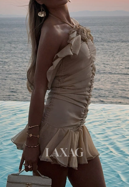 Halter-Neck Sleeveless Floral Embellished Pleated Chiffon A-Line Party Homecoming Dress