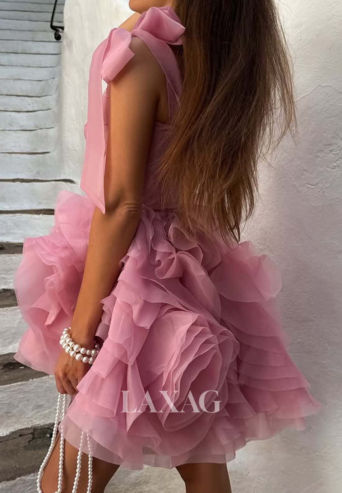 Sweetheart Bows-Straps Sleeveless Tulle Tiered Short A-Line Party Homecoming Dress