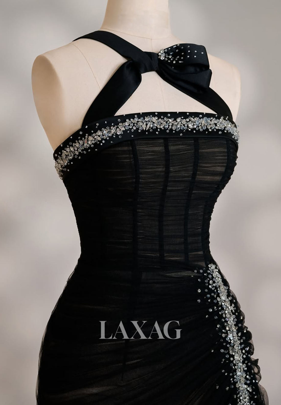 Tube Top One-Strtap Sleeveless Beaded Pleated Sheer Tulle Floor-Length Mermaid Prom Dress