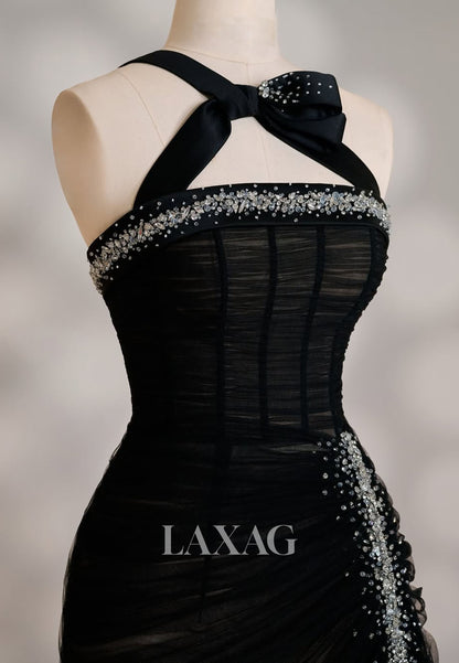 Tube Top One-Strtap Sleeveless Beaded Pleated Sheer Tulle Floor-Length Mermaid Prom Dress