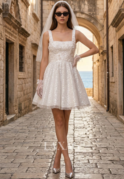 Square-Neck Straps Sleeveless Fully Sequined 3D-Floral Applique Tulle Pleated Short A-Line Wedding Dress