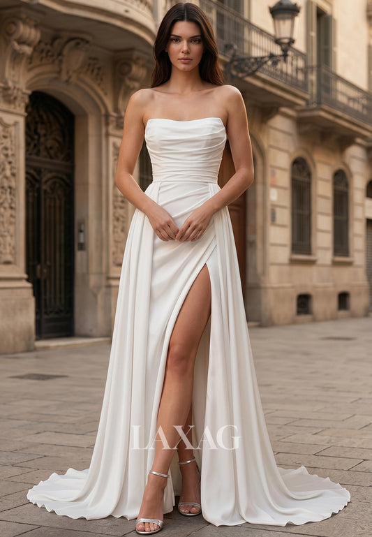 Tube Top Off-Shoulder Sleeveless Satin Pleated High Slit Mermaid Wedding Dress with Overskirt