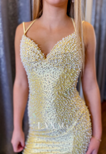 Sweetheart Spaghetti Straps Fully Beaded Pearls Satin Pleated Mermaid Prom Dress with Slit