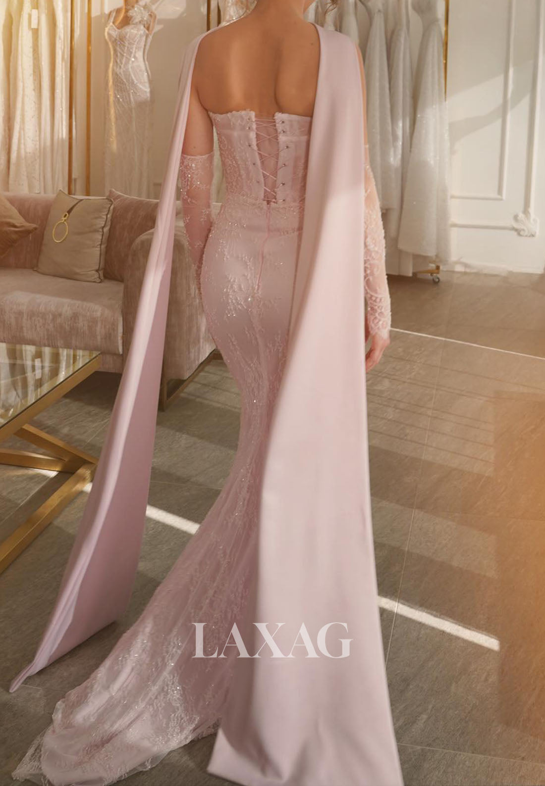 Scoop-Neck Off-Shoulder Prom Gowns Sleeveless Sequined Lace Applique Mermaid Evening Dress