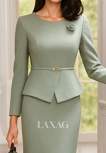 Scoop-Neck Long-Sleeves 3D-Floral Satin Tea-Length Mermaid Mother of the Bride Dress