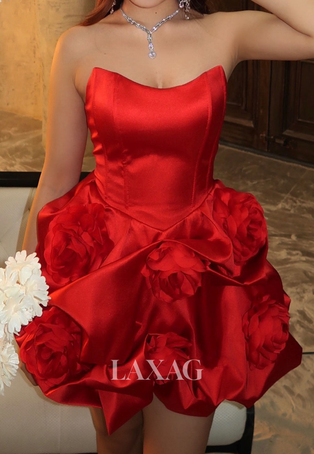 Scoop-Neck Off-Shoulder Sleeveless Floral Embellished Pleated Satin A-Line Homecoming Dress