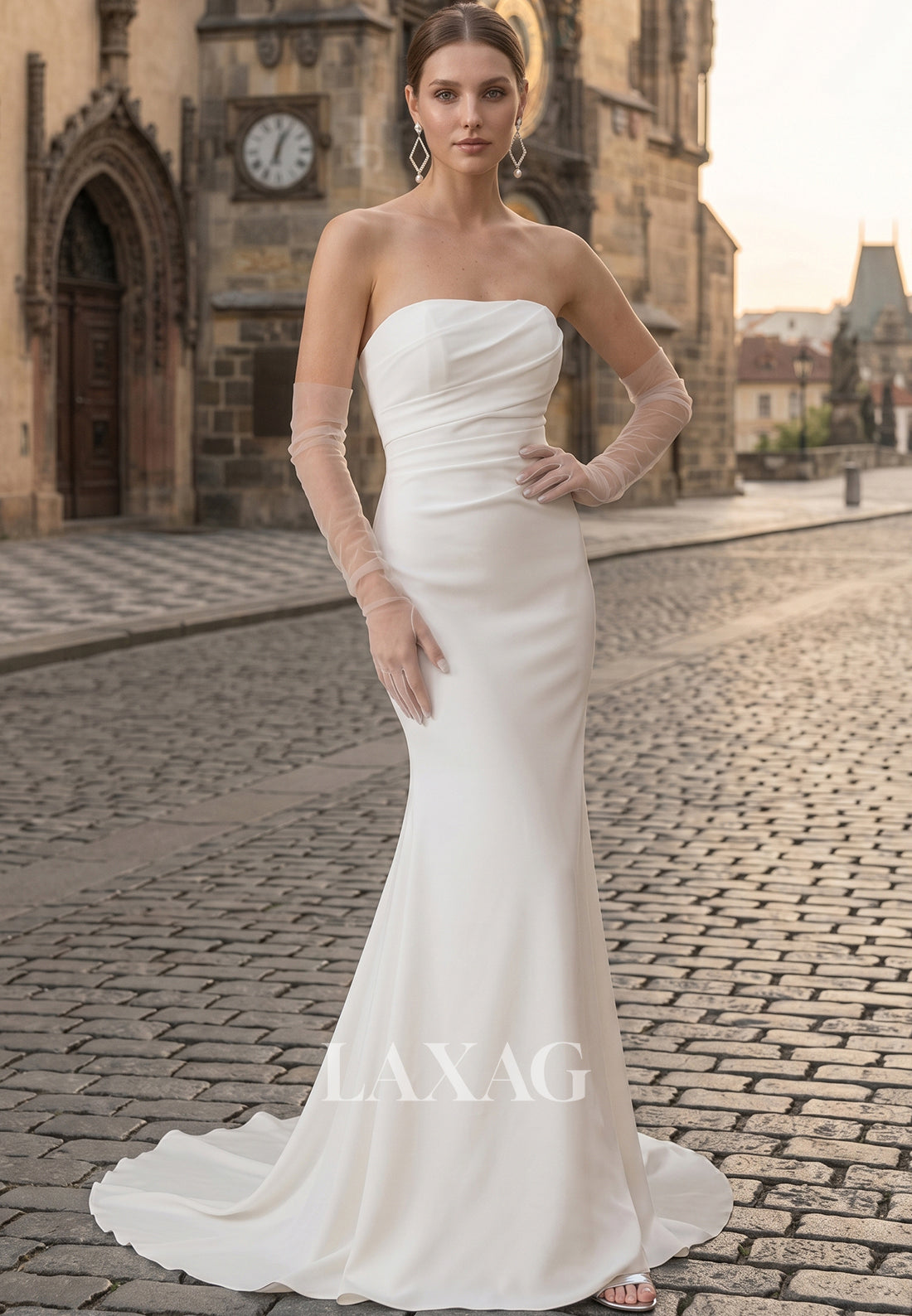 Tube Top Off-Shoulder Satin Pleated Sweep Train Mermaid Wedding Dress with Tulle Gloves