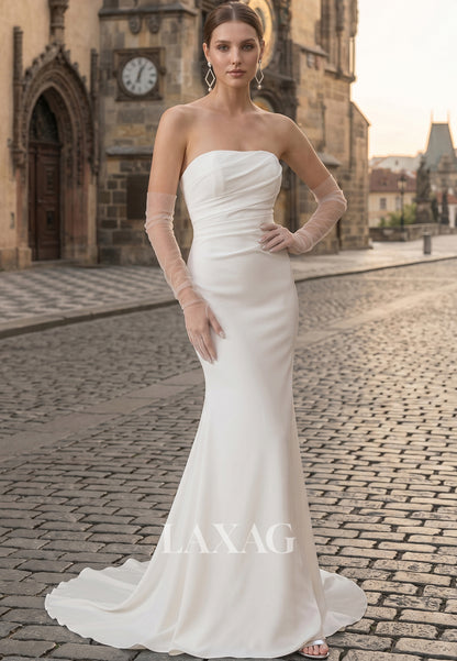 Tube Top Off-Shoulder Satin Pleated Sweep Train Mermaid Wedding Dress with Tulle Gloves