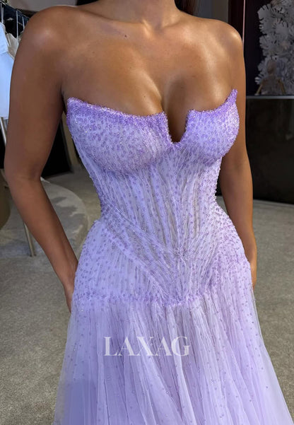 Bateau-Neck Off-Shoulder Sleeveless Sequined Beaded Pleated Tulle A-Line Party Prom Dress