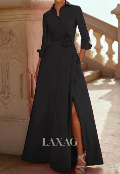 Collared 3/4-Sleeves 3D-Floral Satin Pleated A-Line Mother of the Bride Dress with Slit