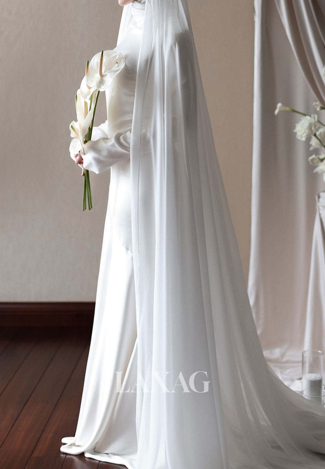 Simple High-Neck Long-Sleeves Satin Fitted Wedding Dress with Chiffon Long Veil