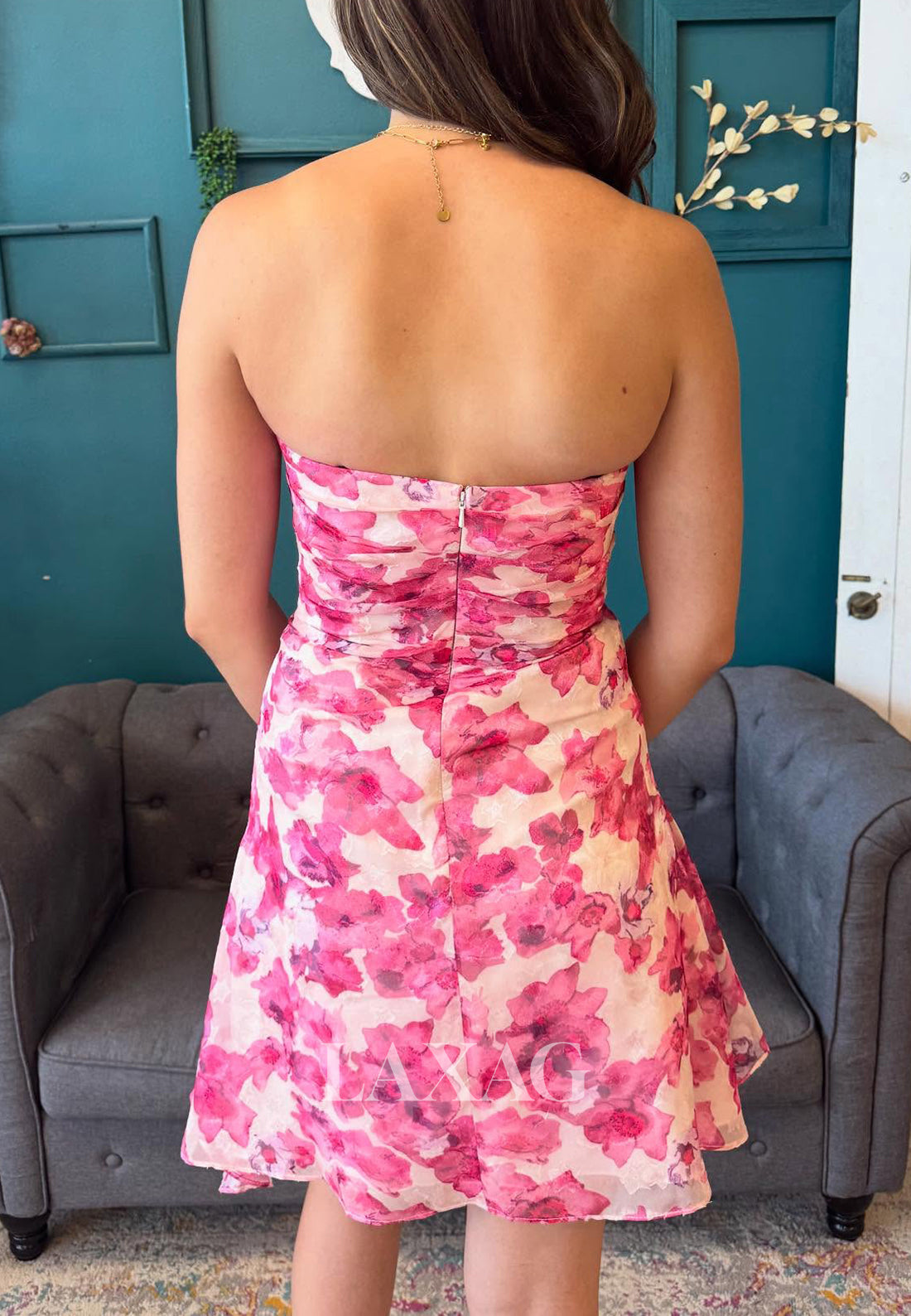 Off-Shoulder Scoop-Neck Sleeveless Print-Chiffon Pleated A-Line Party Homecoming Dress