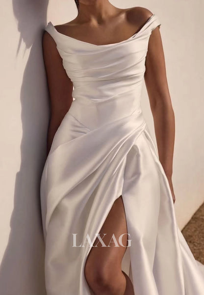 Bateau-Neck Off-Shoulder Sleeveless Satin Pleated High Slit Mermaid Wedding Dress with Train