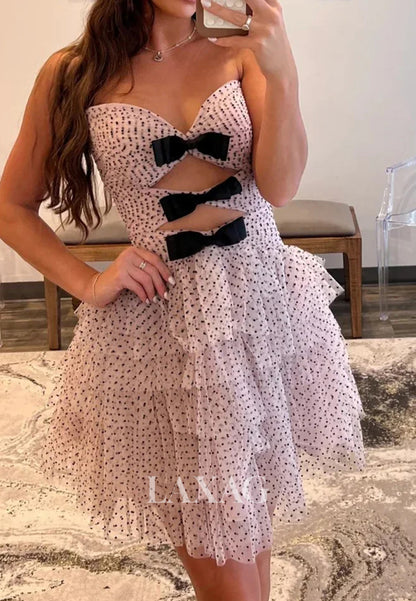 Sweetheart Off-Shoulder Cutout Pleated Tulle Tiered A-Line Party Homecoming Dress with Bows