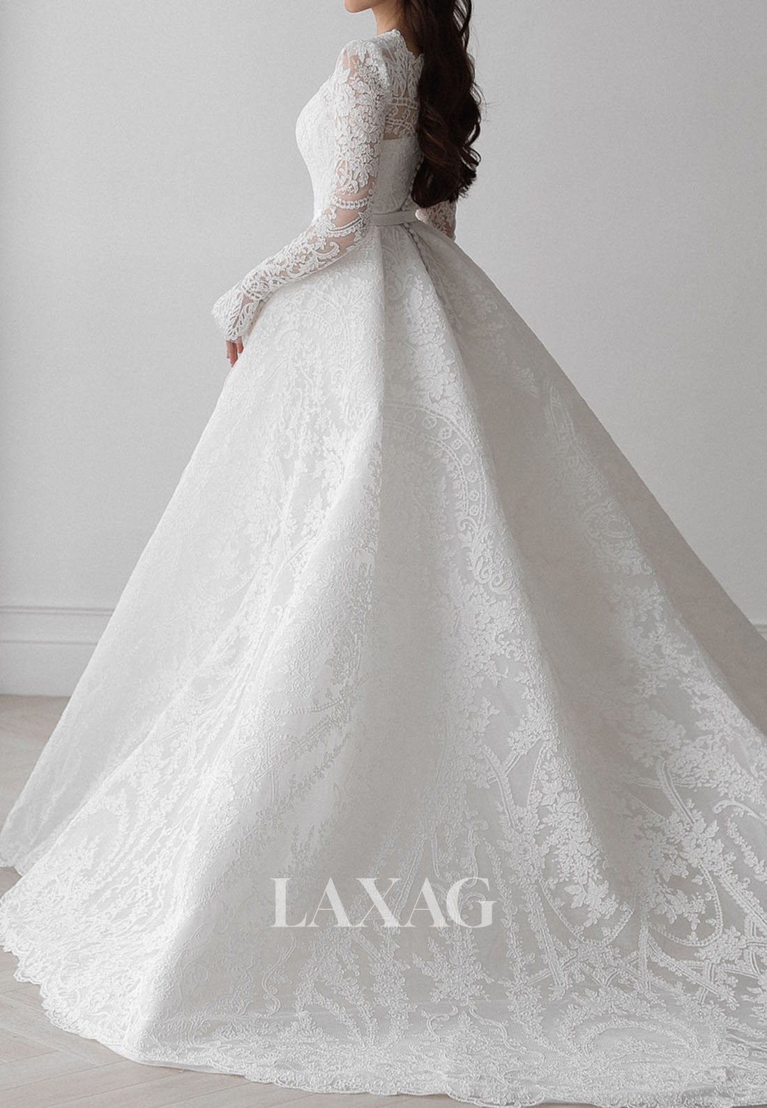 Bateau-Neck Long-Sleeves Allover Lace Applique Pleated Sheer A-Line Wedding Dress with Train
