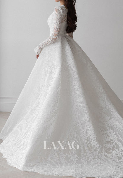 Bateau-Neck Long-Sleeves Allover Lace Applique Pleated Sheer A-Line Wedding Dress with Train