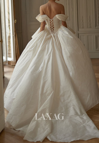 Bateau-Neck Sleeveless Pleated A-Line Wedding Dress Off-Shoulder Chiffon Bride Gowns with Train