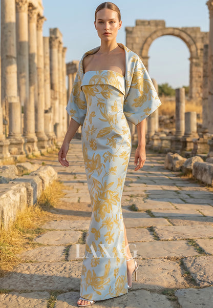 Tube Top Short-Sleeves Print-Satin Floor-Length Mermaid Mother of the Bride Dress with Overlay