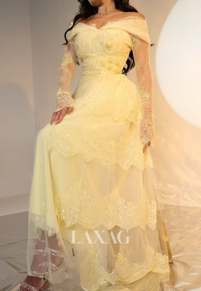 V-Neck Long-Sleeves Tiered Formal Gowns Lace Applique Sequined Pleated Tulle Mermaid Evening Dress