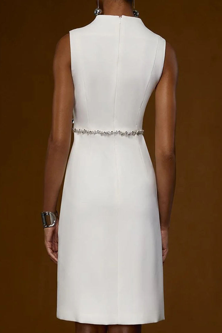 V-Neck Sleeveless Rhinestone Satin Pleated Knee-Length Beach Mermaid Wedding Dress