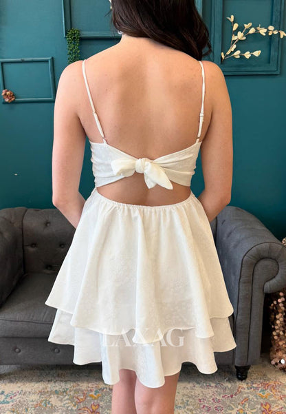 Bateau-Neck Spaghetti Straps Sleeveless Applique Chiffon Tiered A-Line Party Homecoming Dress