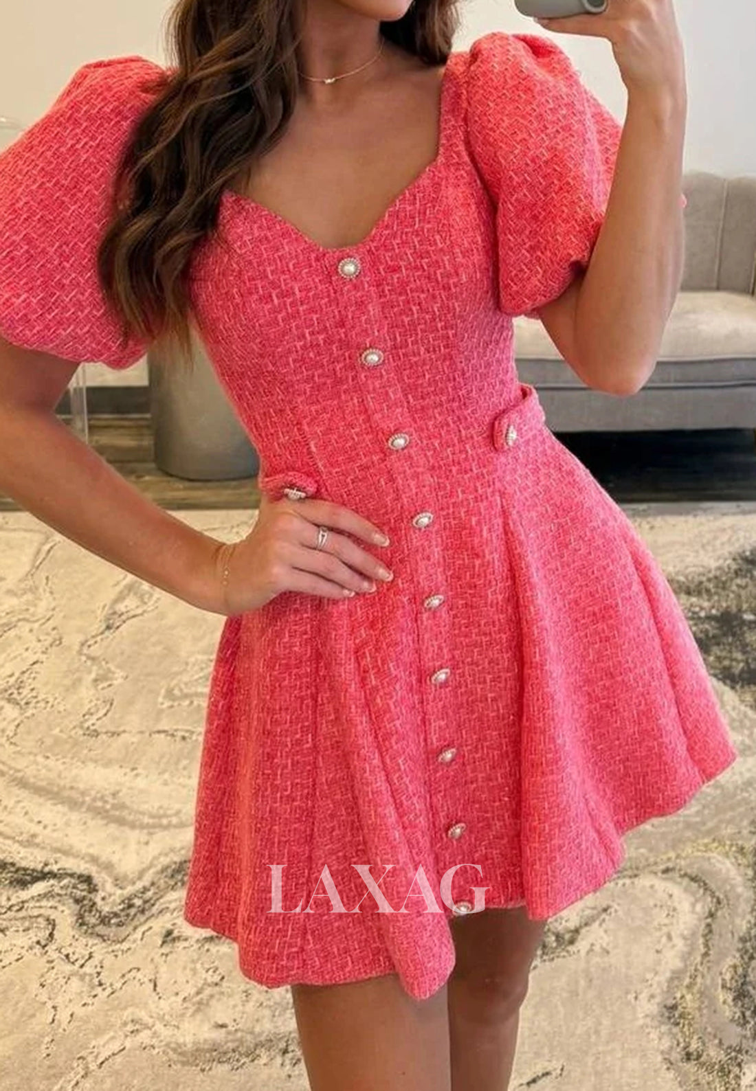 V-Neck Short-Sleeves Jersey Pleated Simple A-Line Party Homecoming Dress