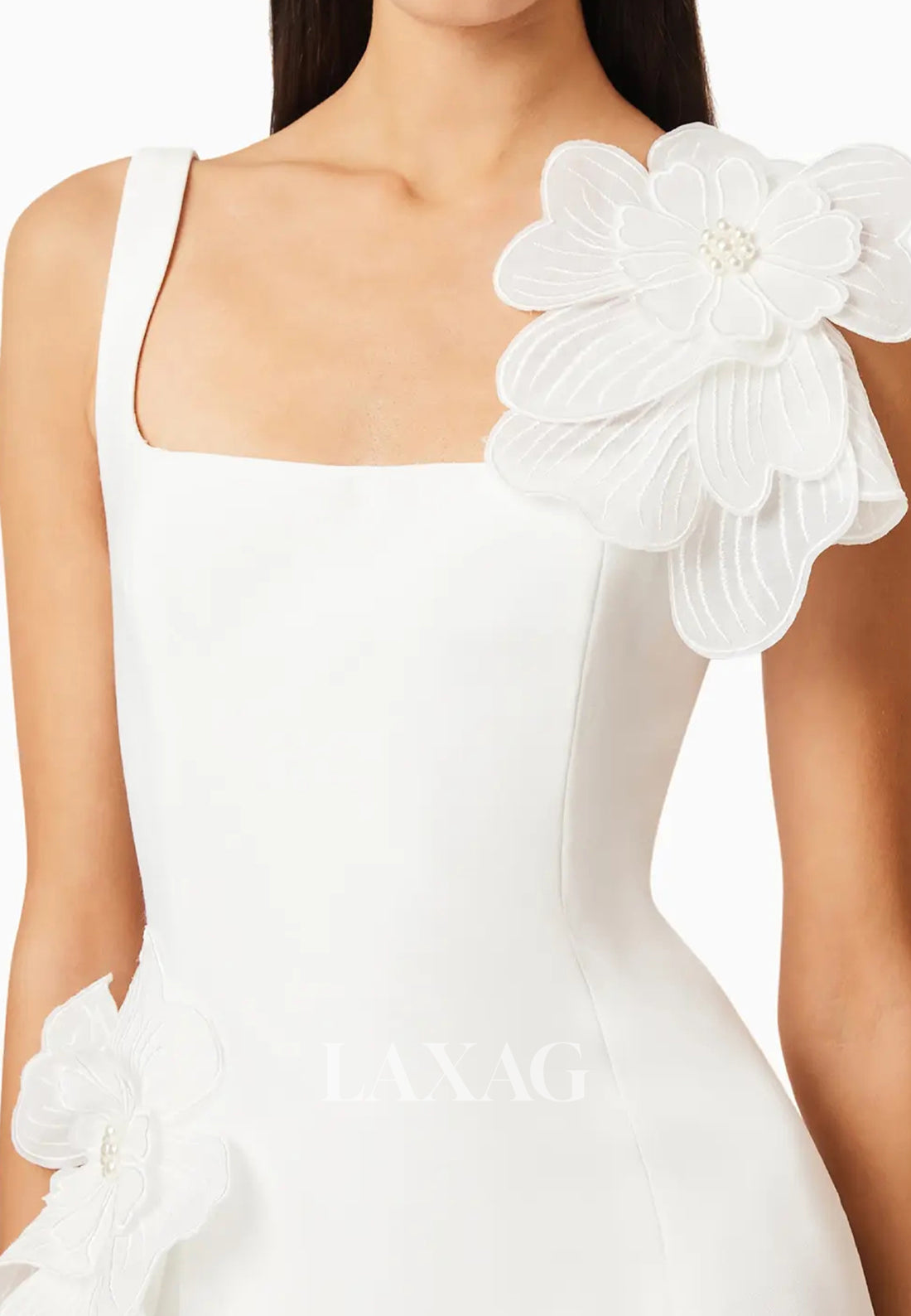 Square-Neck Straps Sleeveless Beaded 3D-Floral Satin Simple Short Mermaid Wedding Dress