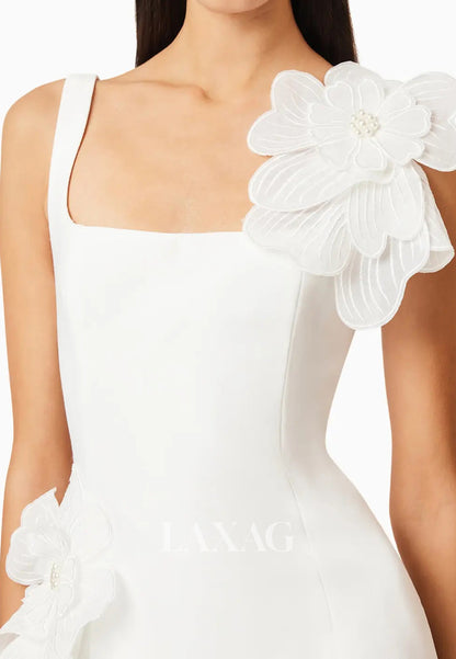 Square-Neck Straps Sleeveless Beaded 3D-Floral Satin Simple Short Mermaid Wedding Dress