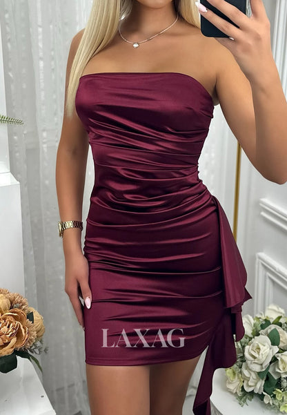 Bateau-Neck Off-Shoulder Sleeveless Pleated Satin Short Mermaid Party Homecoming Dress