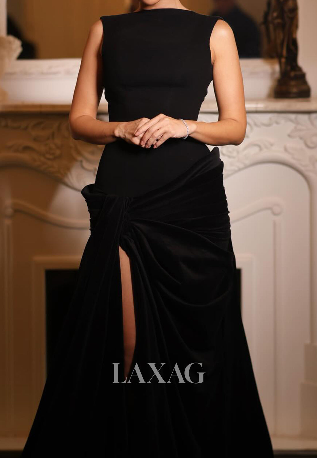 Simple Off-Shoulder Sleeveless Satin Pleated Mermaid Evening Dress with High Slit