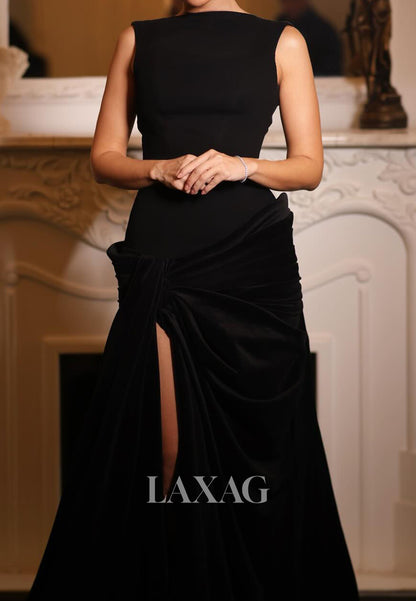 Simple Off-Shoulder Sleeveless Satin Pleated Mermaid Evening Dress with High Slit