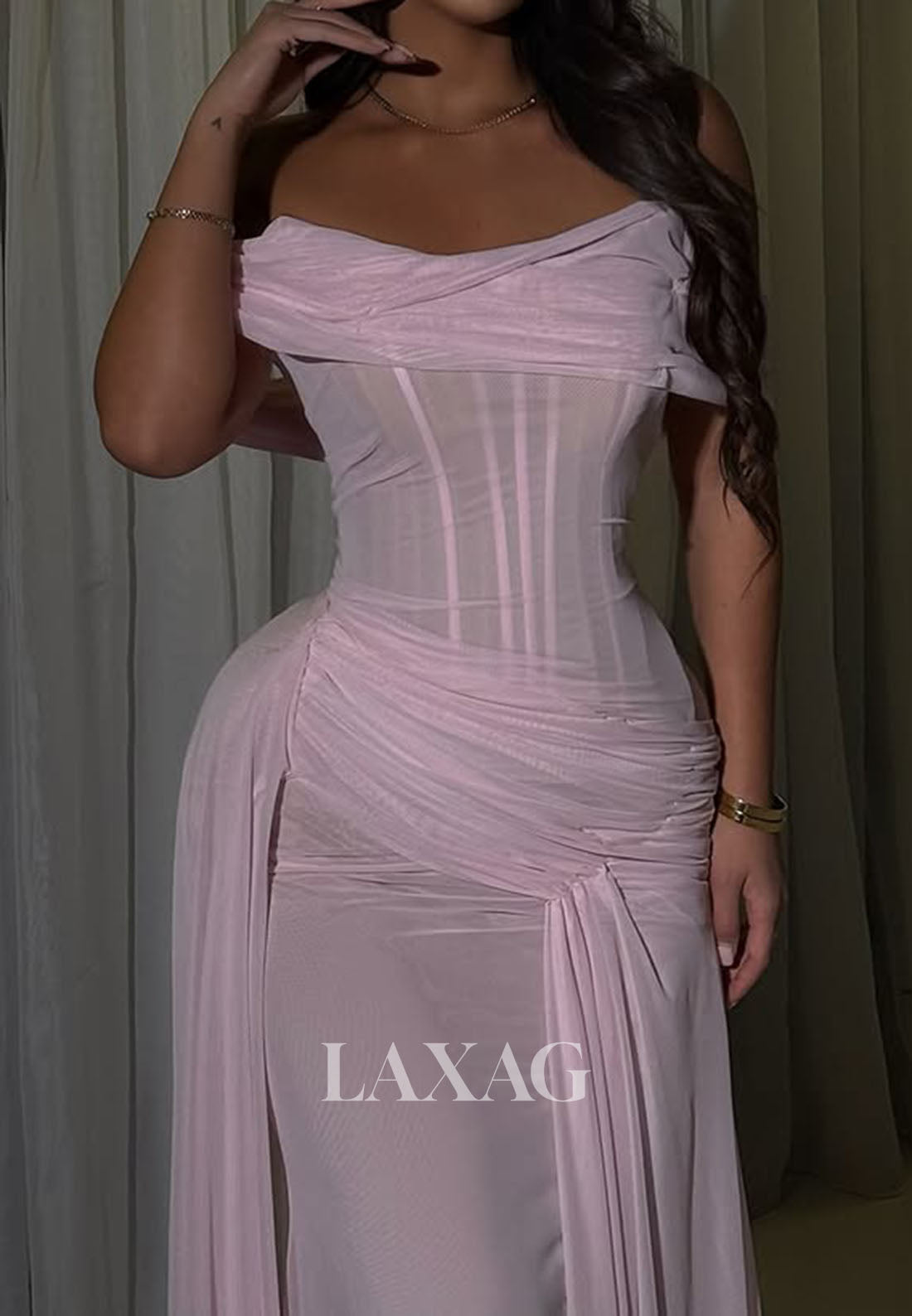 Off-Shoulder Bateau-Neck Sleeveless Floor-Length Pleated Chiffon Mermaid Prom Dress