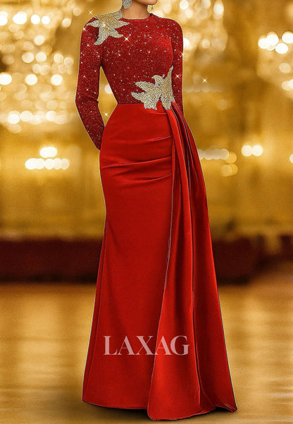 Scoop-Neck Long-Sleeves Formal Gowns Fully Sequined Beaed Satin Mermaid Evening Dress