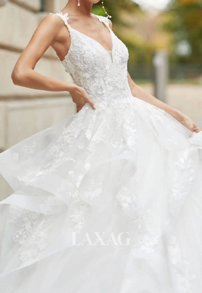 V-Neck Spaghetti Straps Beaded Sequined Applique Tulle Pleated Tiered A-Line Wedding Dress